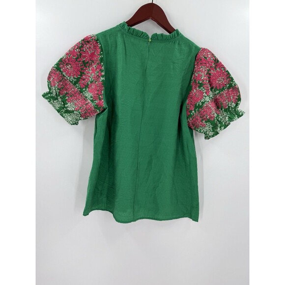 THML Embroidered Puff Sleeve Top Ruffle Neck Button Back Green Pink SMALL EUC - Picture 10 of 13